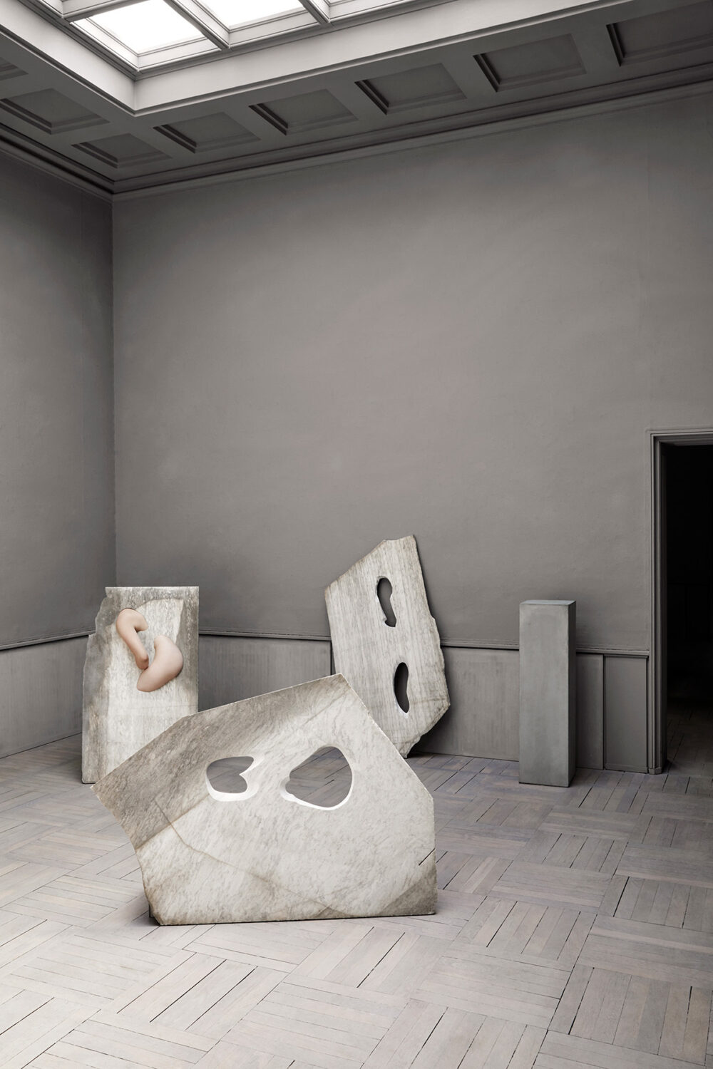 Fleeting Parts, 2016, cristallina marble (and human body), 125 x 73 cm, 99 x 142 cm, 153 x 80 cm, installation view, Fleeting Parts, Studio Oliver Gustav, Copenhagen, DK, Image Credits: Maja Karen